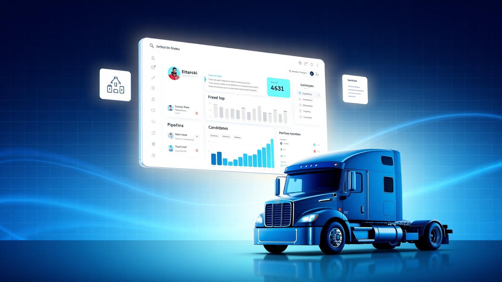 Modern driver recruiting CRM dashboard next to a semi-truck, illustrating the shift from legacy tools like Tenstreet Driver Pulse to modern trucking recruiting software
